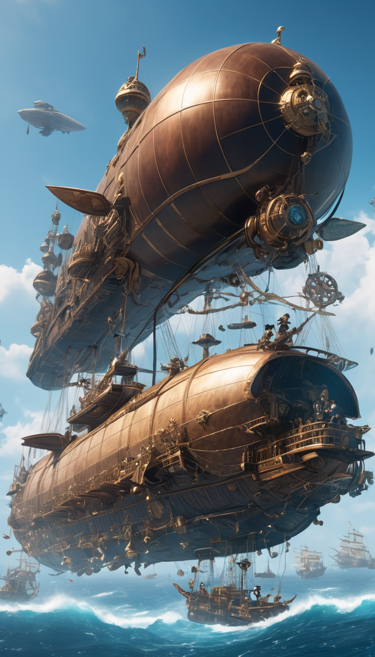 Cinematic scene, hero view, a steampunk airship flying over a vast ocean with pirate ships in the background, action pose, detailed background, masterpiece, best quality, high quality, absurdres, steampunk <lora:steampunk_xl_v1:1>