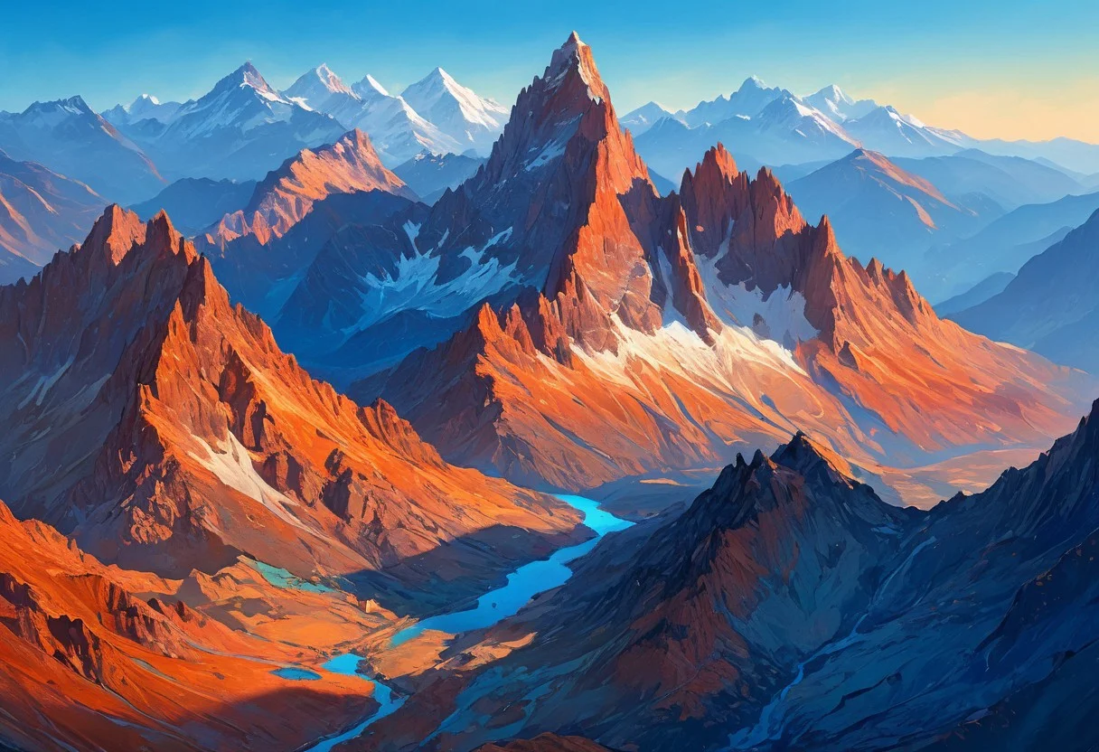 Expansive aerial view, majestic mountain range, surreal mirage atmosphere, rugged craggy peaks, intricate textures, vibrant light gradients, delicate alpine flora, dynamic shadows, hyper-detailed clarity, 8k masterpiece quality, rich cobalt blues, earthy terracotta accents, natural spatial composition, ambient luminescence, vivid natural details, layered mountain valleys, crisp reflective streams, soft pastel sky, exquisite natural painting qualities, mesmerizing atmospheric perspective