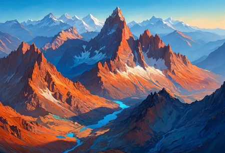 Expansive aerial view, majestic mountain range, surreal mirage atmosphere, rugged craggy peaks, intricate textures, vibrant light gradients, delicate alpine flora, dynamic shadows, hyper-detailed clarity, 8k masterpiece quality, rich cobalt blues, earthy terracotta accents, natural spatial composition, ambient luminescence, vivid natural details, layered mountain valleys, crisp reflective streams, soft pastel sky, exquisite natural painting qualities, mesmerizing atmospheric perspective