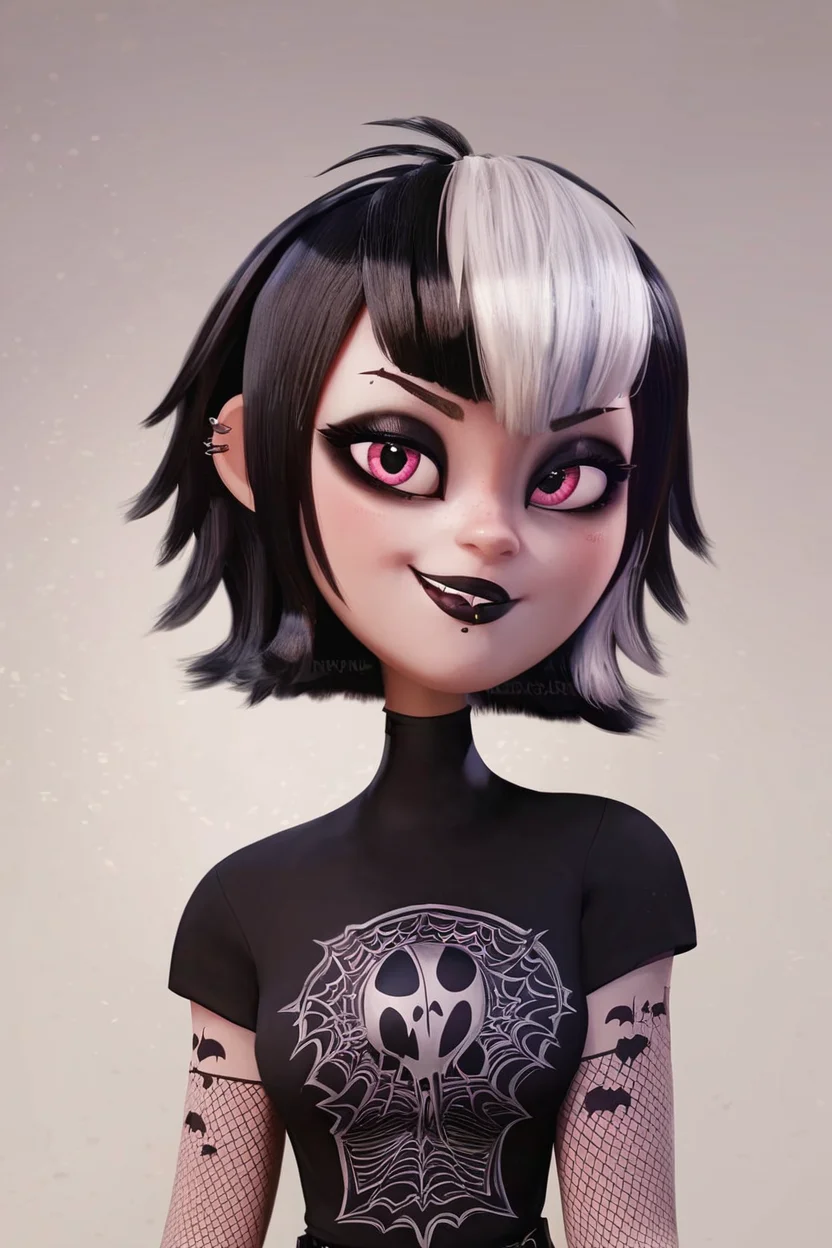 score_9, score_8_up, score_8, medium breasts, (curvy), cute, eyelashes, BREAK, , ,,, <lora:GothMavis_PDXL:0.8>, zzGothMavis, black hair, white hair, makeup, short hair, black lips, multicolored hair, two-tone hair, ear piercing, eyeshadow, gothic, shirt, lipstick, tattoo, turtleneck, cross ,,, , BREAK, smile, looking at viewer, cowboy shot, ,,, embedding:zPDXL, <lora:DiivesP1:0.7>,