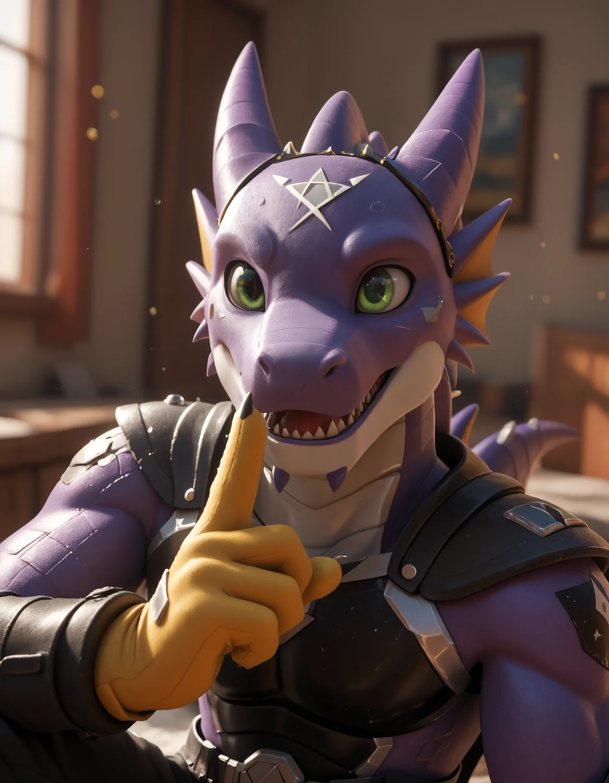 score_9, score_8_up, score_7_up, BREAK (anthro, furry:1.1), depth of field, cinematic lighting, masterpiece, detailed hands, detailed face, best quality, ultra realistic, 4k, 2k, film photography, RAW photo, photorealistic, analog style, subsurface scattering, photorealism, embedding:unaestheticXL_bp5, embedding:zPDXL,(best quality, high quality, 8K:1.5), <lora:add-detail-xl:2.5>, <lora:fix_hands.safetensors:2.0>, <lora:2.5DRealisticV2.safetensors:0.2>, <lora:sinfully_stylish_SDXL.safetensors:0.6>, <lora:AdvancedEnhancerXLv2.safetensors:1.0>, (hi res), ((masterpiece)), ((best quality)), illustration, anthro, furry, <lora:Arresterdramon (Digimon).safetensors:0.8>, arresterdramon, digimon (species), dragon, scalie, wings, tail, yellow gloves, green eyes, purple body (close-up, looking up raising legs looking at another, one eye closed (winking):1.15), solo