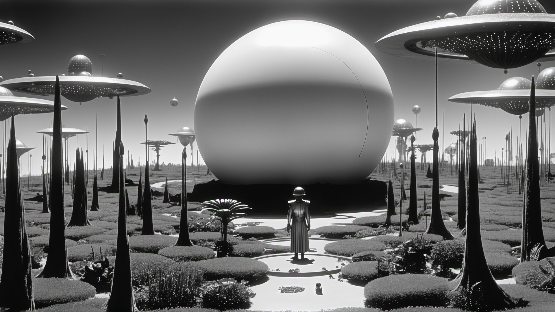 Director Sergei Eisenstein style - film still 1925. In the future, metropolis style, old movie grain
 <lora:FaeTastic:0.3>  <lora:Director Sergei Eisenstein style:0.7>
Explorers in a vast utopian fantasy garden full of growing bioluminescent plants with a warm and bright glow. Some white highlights throughout and bright negative space. A large spherical tech apparatus is under construction in the centre of a clearing.
In the style of Jean Giraud Moebius, Chris Riddell. Distinct high contrast linework and flat colour. Dominant colours are white, orange, vivid purple and teal., concept art. digital artwork, illustrative, painterly, matte painting, highly detailed