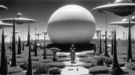 Director Sergei Eisenstein style - film still 1925. In the future, metropolis style, old movie grain
<lora:FaeTastic:0.3> <lora:Director Sergei Eisenstein style:0.7>
Explorers in a vast utopian fantasy garden full of growing bioluminescent plants with a warm and bright glow. Some white highlights throughout and bright negative space. A large spherical tech apparatus is under construction in the centre of a clearing.
In the style of Jean Giraud Moebius, Chris Riddell. Distinct high contrast linework and flat colour. Dominant colours are white, orange, vivid purple and teal., concept art. digital artwork, illustrative, painterly, matte painting, highly detailed