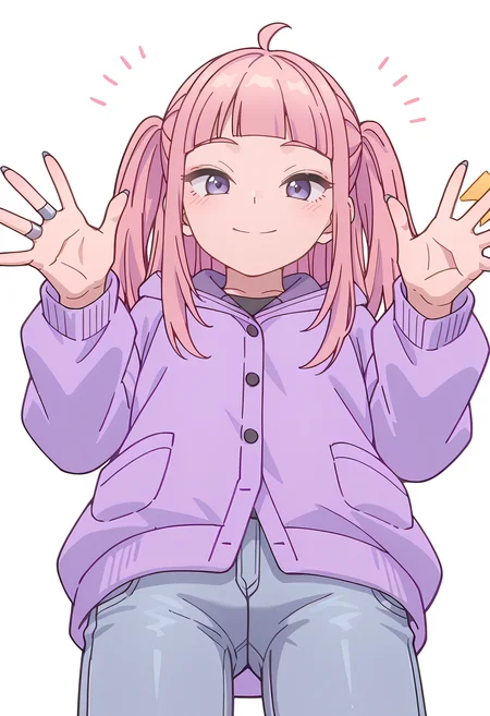 Smooth Quality,masterpiece,beautiful aesthetic, very intricate, high quality details, ultra realistic, high detailed skin,
simple background, white background,
from below,spread fingers,=^=,
skinny jeans, ,cardigan, ,Claw ring, <lora:Fuyuki_Momokocnn:0.8> momoko/cnn, pink hair, 1girl, ahoge, purple eyes,petite,