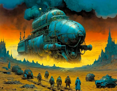 enki bilal,moebius,philippe druillet inspired french comics art "a massive, living train, its body a combination of flesh and steel, charging across a barren, post-apocalyptic landscape, spewing clouds of steam and bio-luminescent spores", the contrast in colors and textures should be distinct grainy texture,sense of motion,highly detailed,surreal,retro-futuristic,dramatic lighting