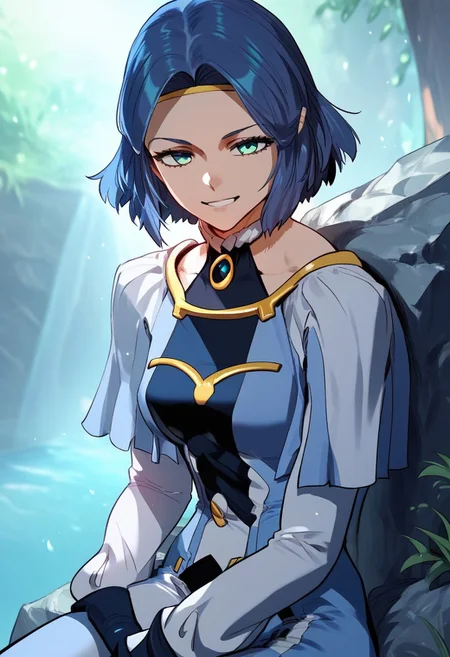 zPDXL2, score_9_up, score_8_up, score_7_up, (Anime_source), high detail face, best quality, absurd res, 1girl, Hollian, teal eyes, blue hair, short hair, Hollian clothes, looking at viewer, smile, sitting on rock, dutch angle, cowboy shot