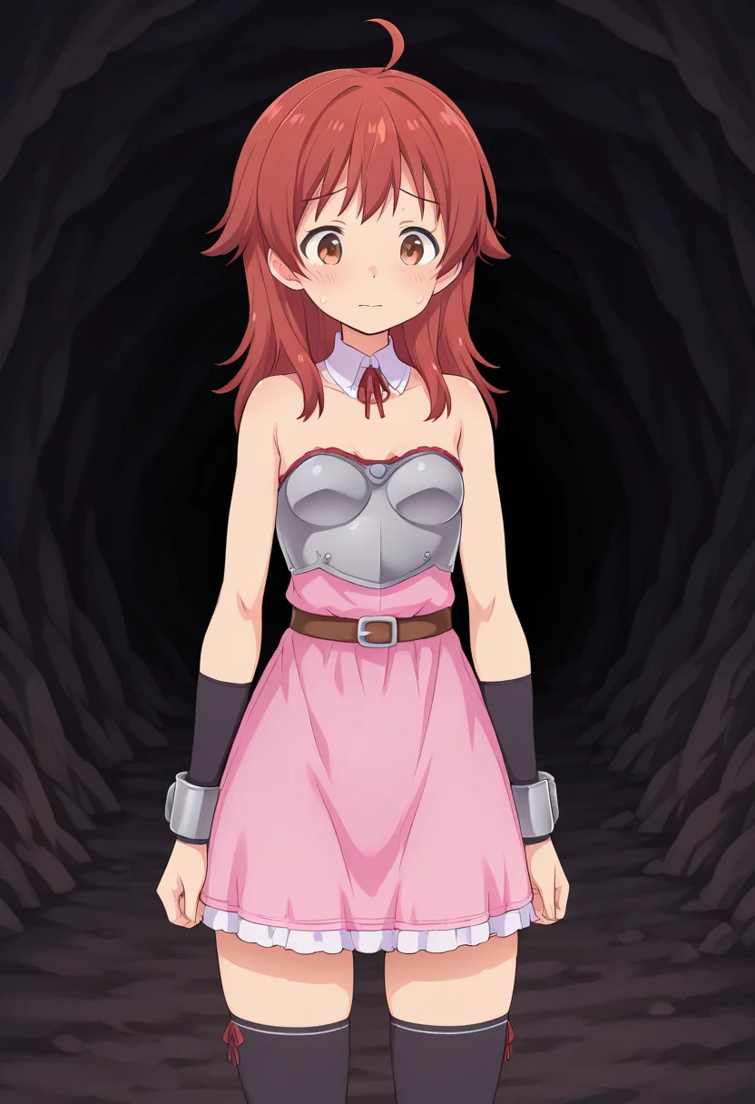 1girl, solo, hannalbdilus, red hair, medium hair, ahoge, brown eyes, detached collar, pink strapless dress, armor, arm_guards, bracers, breastplate, thighhighs, cave, cavern, cave interior, cowboy shot, straight-on, sweatdrop, nervous, standing,
