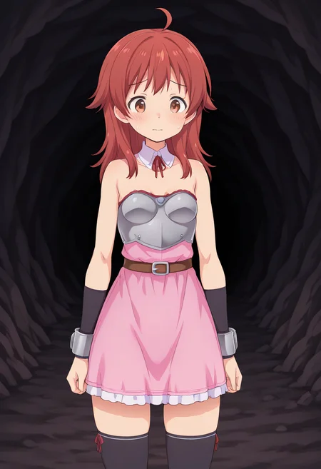 1girl, solo, hannalbdilus, red hair, medium hair, ahoge, brown eyes, detached collar, pink strapless dress, armor, arm_guards, bracers, breastplate, thighhighs, cave, cavern, cave interior, cowboy shot, straight-on, sweatdrop, nervous, standing,