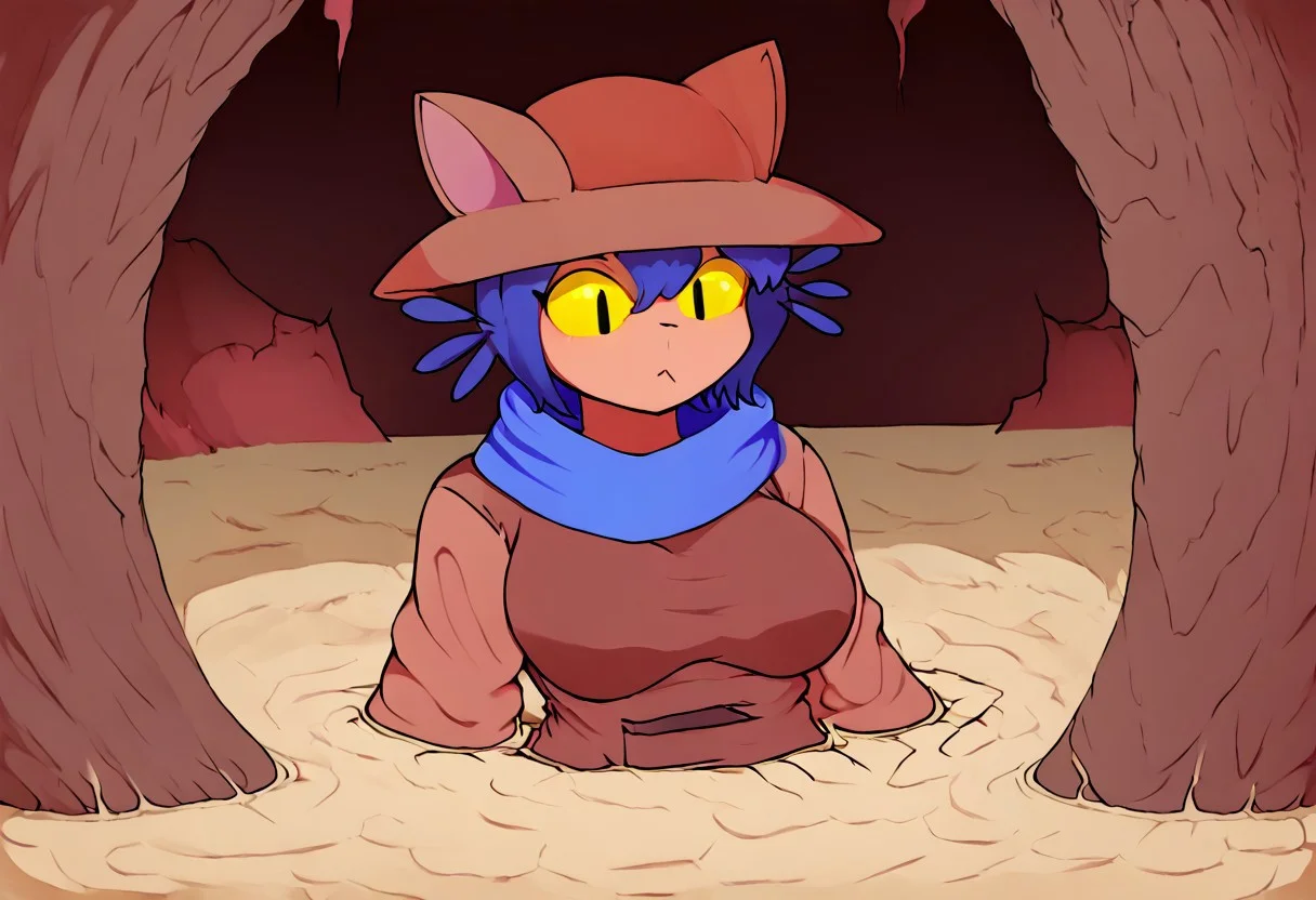 niko \(oneshot\), slit pupils, yellow sclera, cat hat, blue scarf, brown dress, sleeves past fingers, black legwear, detail1eye, slightly big breasts, perfecteyes, alone, in quicksand