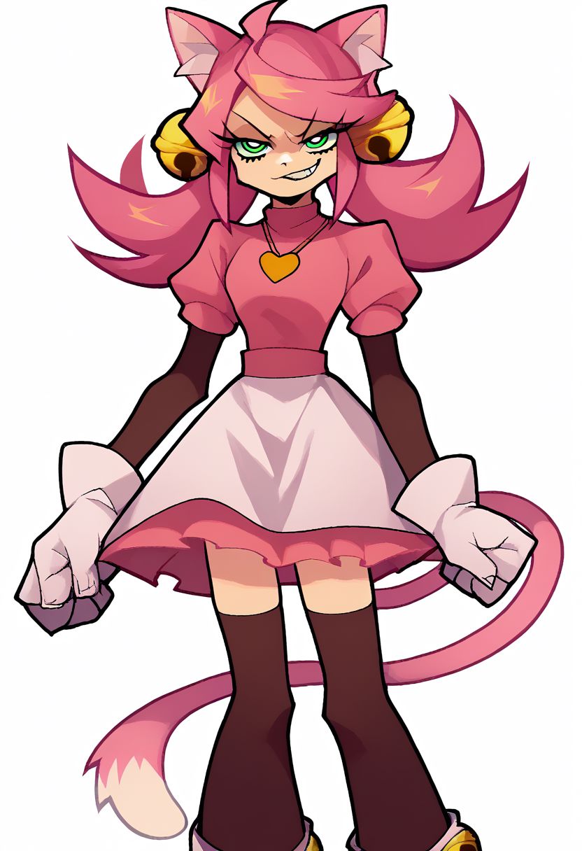 score_9, score_8_up, score_7_up, source_anime, solo, 1girl, woman, Mew Mew, catgirl, pink hair, green eyes, half-closed eyes, cat ears, bells, pink shirt, heart locket, skirt, gloves, cat tail, thigh highs, evil smirk, glare, smug, half body, standing, arms at sides, looking at viewer, standing, white background, Panty & Stocking style, Thick lineart, sharp edges