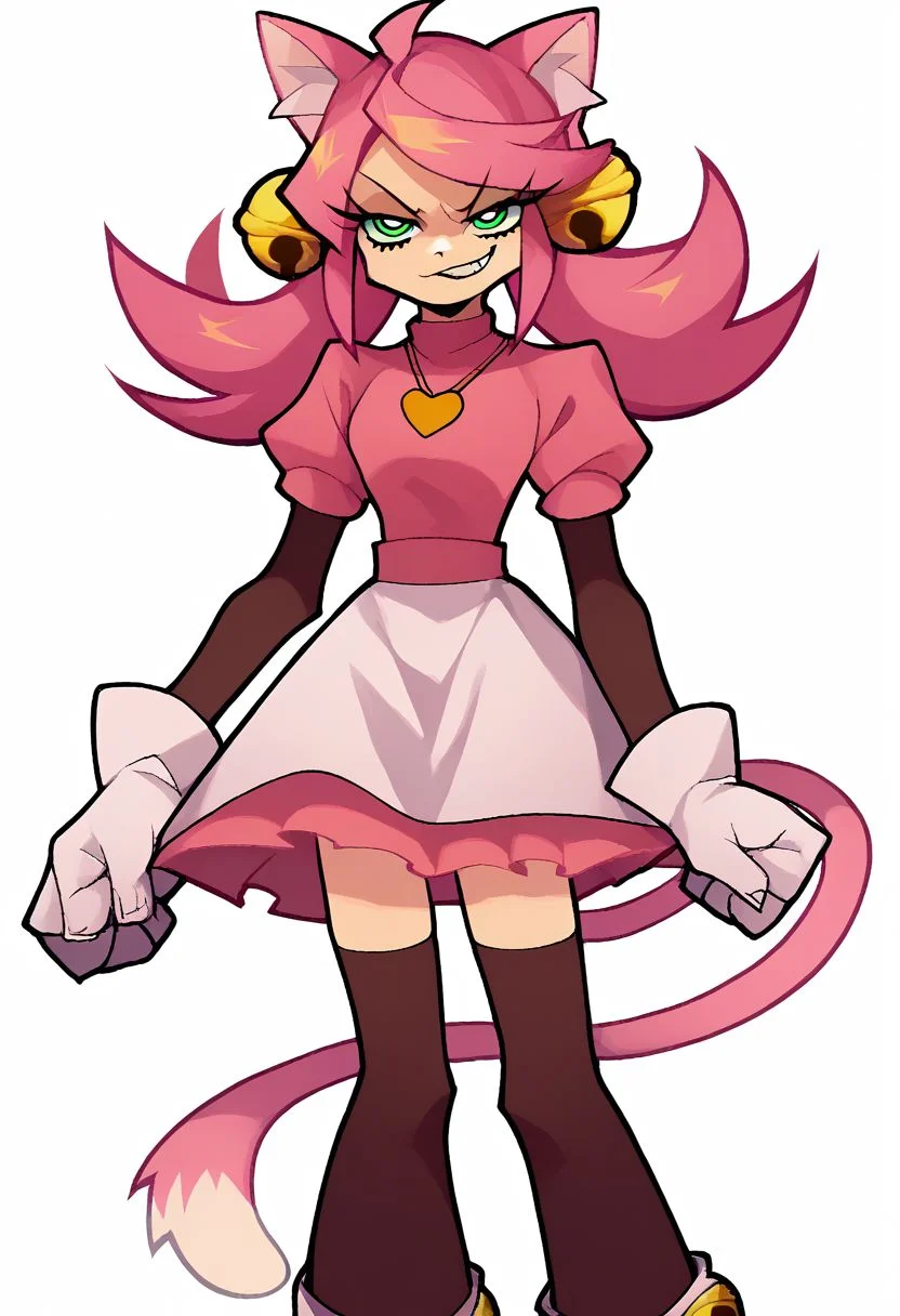 score_9, score_8_up, score_7_up, source_anime, solo, 1girl, woman, Mew Mew, catgirl, pink hair, green eyes, half-closed eyes, cat ears, bells, pink shirt, heart locket, skirt, gloves, cat tail, thigh highs, evil smirk, glare, smug, half body, standing, arms at sides, looking at viewer, standing, white background, Panty & Stocking style, Thick lineart, sharp edges