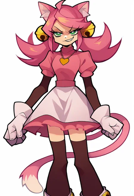 score_9, score_8_up, score_7_up, source_anime, solo, 1girl, woman, Mew Mew, catgirl, pink hair, green eyes, half-closed eyes, cat ears, bells, pink shirt, heart locket, skirt, gloves, cat tail, thigh highs, evil smirk, glare, smug, half body, standing, arms at sides, looking at viewer, standing, white background, Panty & Stocking style, Thick lineart, sharp edges