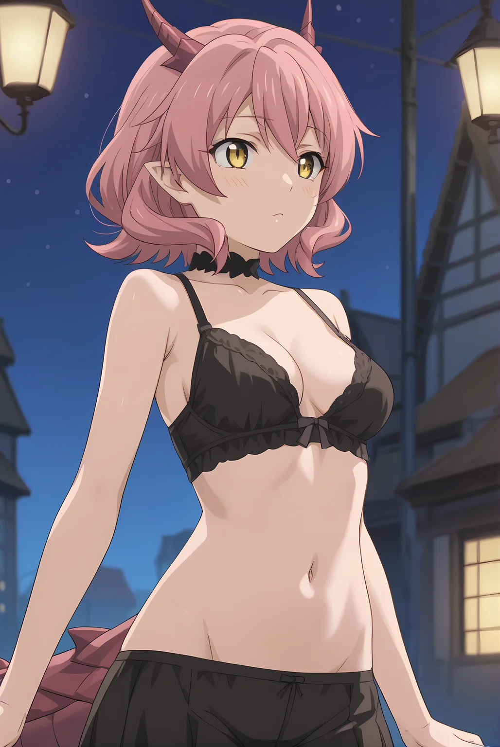 (:1.30), km-hanako, yellow eyes, pink hair, medium hair, short horns, dragon tail, medium breasts, 1girl, solo, skinny, score_9, score_8_up, score_8, score_7_up, score_7, score_6_up, score_6, score_5_up, score_5, source_anime, blush, night sky outdoors, (straight-on:1.20), (:1.20), , <lora:km-hanako-V01:0.80>