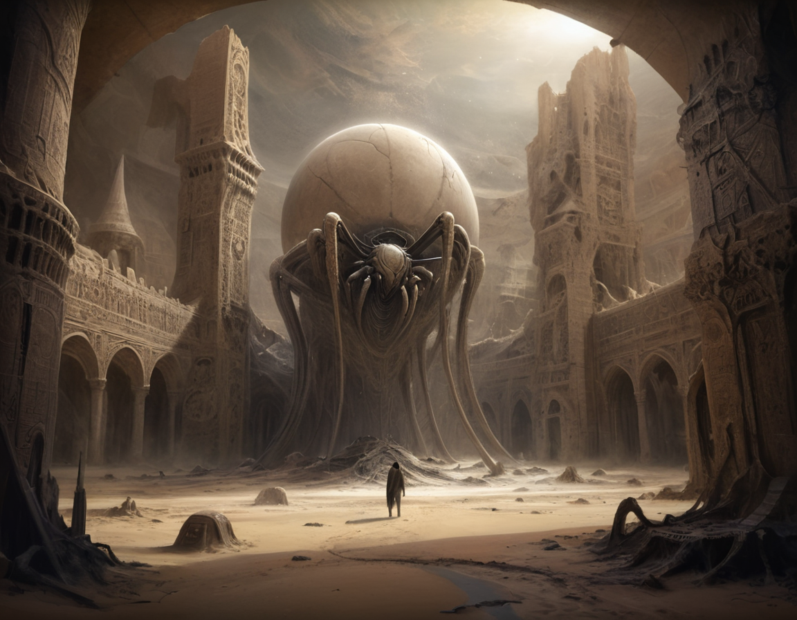 In the shadow of what was once a majestic sand castle, towering as high as mountains and stretching across miles like a colossal spider web, a lone wanderer stood amidst the wreckage, his eyes tracing the intricate patterns carved into the walls - remnants of an alien script that told stories of a world where swarms ruled supreme, their queens reigning over vast empires built not on stone, but on shifting sands, b3ks1n