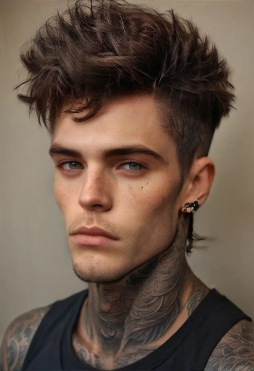 score_9, score_8_up, score_7_up, absurdres, intricate details, masterpiece, best quality, screencap, high quality, 8k, best qfigure, 1boy, male focus, solo, alone,
Adryan, messy hair, brown hair, undercut, heterochromia, strong cheek bones, stubble, brown right eye, hazel left eye, lips, facial hair, stubble, cheekbones, handsome man, young, cute face,
Shirtless, pectorals, abs, slim muscle, lean muscle, lean, broad shoulders, slim waist, small waist, hourglass figure, detailed and intricate chest tattoo, torso tattoo, realistic, skin texture style, realistic skin, detailed skin pore, detailed skin, clear skin, pretty face,