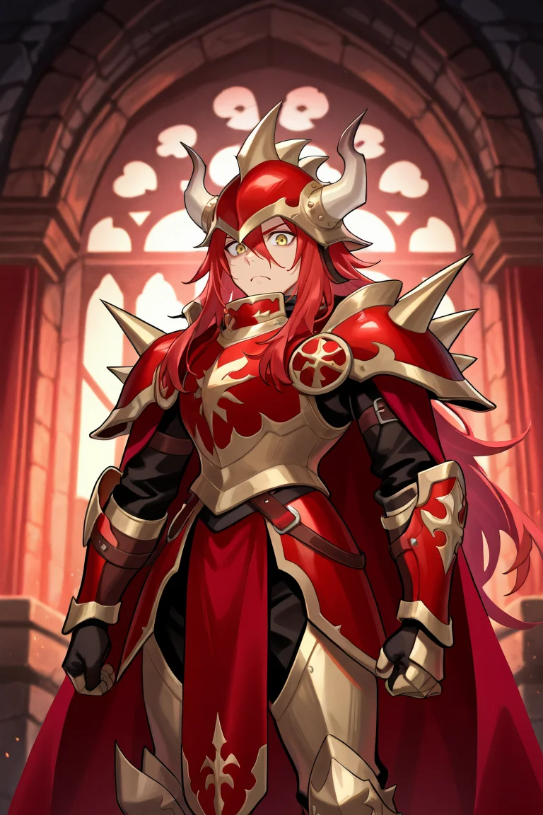 <lora:GulcasaIL:0.8> , guldef, (1boy), red hair, long hair, hair between eyes, yellow eyes, armor, full armor, spikes, shoulder armor, horned helmet, spiked helmet, horned headwear, shoulder spikes, cape, red cape, pauldrons, gauntlets, greaves, frown, looking at viewer, interior, medieval fantasy, cowboy shot, solo, masterpiece, very aesthetic, absurdres, best quality, amazing quality, high resolution, detailed background, <lora:illustrious_quality_modifiers_masterpieces_v1:0.8> , <lora:ChamIllustriousBackgroundEnhancer:0.5>