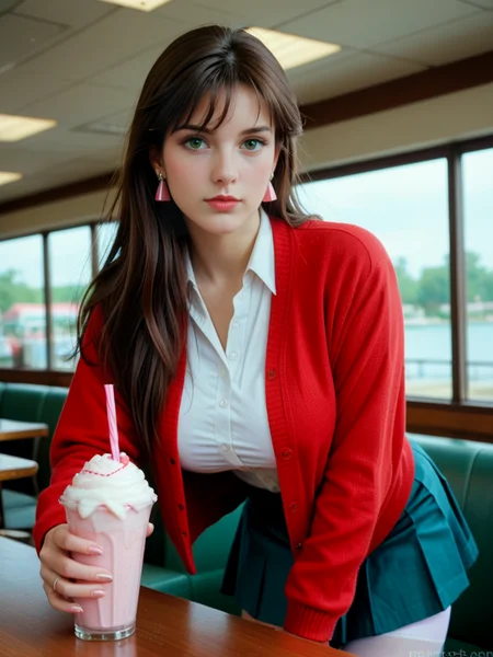 score_9, score_8_up, score_7_up, realistic, photograph, (leaning forward), close-up, background is retro eiscafe, sipping milkshake, <lora:Mia_Koji:.55>, miakoji, mia, cardigan, (pastels), skirt, white stockings, loafers, (massive tits), big natural breasts, ronin warriors, solo, 1girl, retro, brown hair, 1980s (style), earrings, long hair, green eyes, makeup