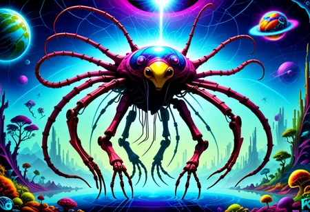 --(very aesthetic, best quality, ultra detailed), intricate details,
masterpiece, perfect, award winning, prize winning, concept art, Jed-Spl4sh, nvinkpunk,
alien space creature, segmented body, multiple eyes, techno insectoid, pudgy limbs, shiny body, chitlin, antenna, reflective body, alien planet, lush wildlife, colorful, vibrant colors, color contrast, bold lines, crisp lines, sharp lines , asymmetrical,