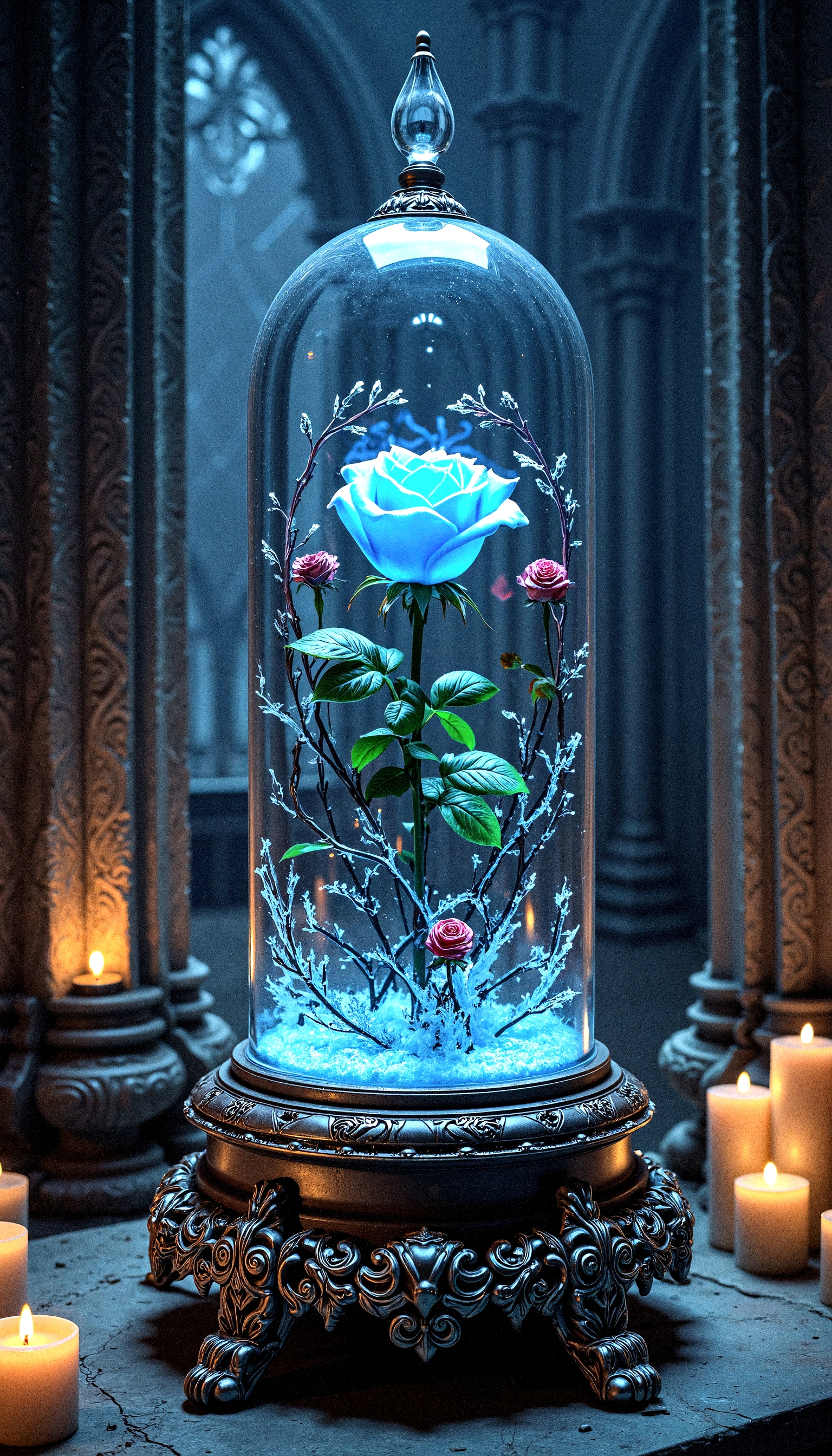 "A luminous rose with shimmering blue petals stands encased in a finely crafted, filigreed glass dome atop a richly carved pedestal. Encircling the rose are twisting vines, adorned with crimson and withered roses, contrasting with the frost-kissed glass. The chamber is illuminated by the soft glow of the enchanted rose and faint, flickering candlelight. Gothic arches, cascading icicles, and intricate stone carvings frame the scene, evoking a chilling yet mesmerizing atmosphere of elegance and timeless magic."
 <lora:FluxDFaeTasticDetails:0.2> <lora:aidmaHyperrealism-FLUX-v0.3:0.8>