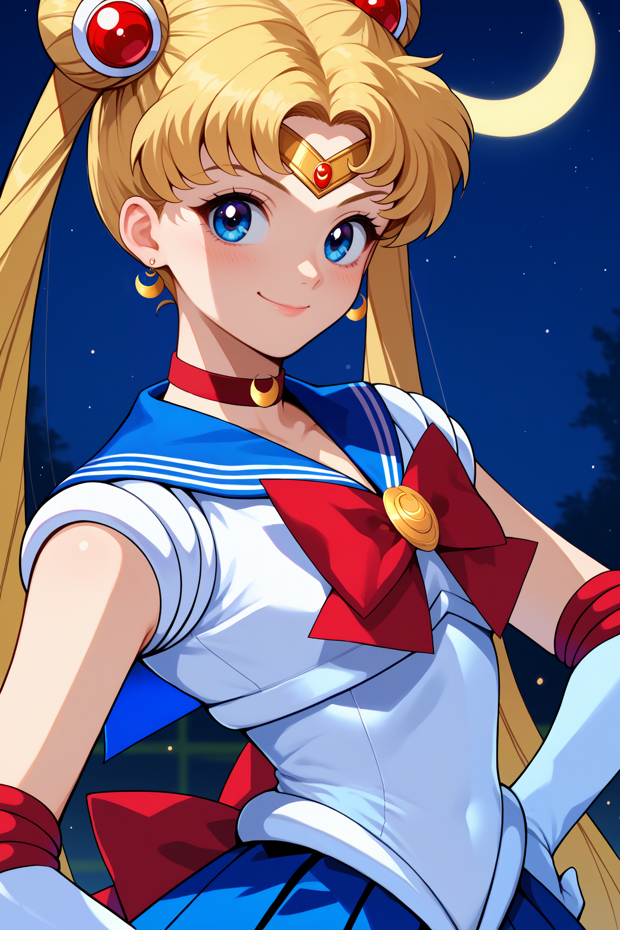 score_9, score_8_up, score_7_up, score_6_up, source_anime, 1girl, solo, <lora:sailormoon-pdxl-nvwls-v1_1-000005:1> slrmn, twintails, double bun, blonde hair, very long hair, blue eyes, parted bangs, hair ornament, crescent earrings, red choker, blue sailor collar, red bowtie, brooch, white leotard, white shirt, sleeveless, blue skirt, white gloves, elbow gloves, magical girl, upper body, portrait, looking at you, smile, night sky, crescent moon, blush, hand on hip, happy, closed mouth
