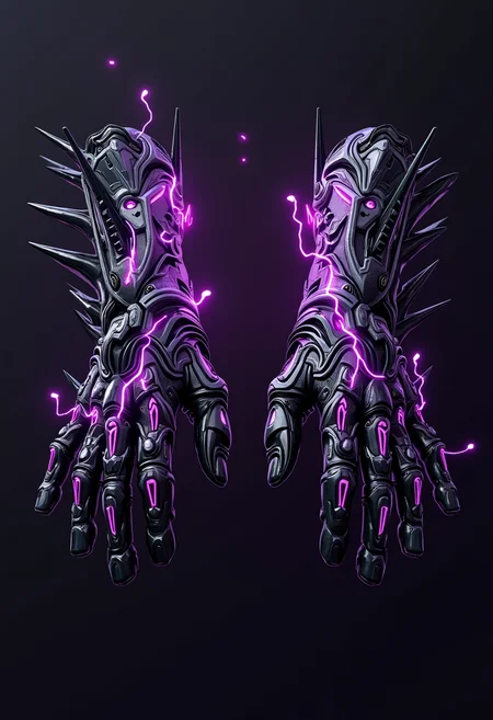 high quality, highly detailed, colorful, abstract, fantasy, fantasy background, The image shows a pair of futuristic gloves with a black and purple color scheme. The gloves are made up of multiple layers of metal, with the top layer being black and the bottom layer being purple. The top layer is covered in spikes, giving the gloves a futuristic and ominous look. The middle layer is also covered in purple lightning bolts, creating a striking contrast against the dark background. The fingers of the gloves are black, while the palms are also black. The overall design is intricate and detailed, with a futuristic feel.<lora:FLUX\Enhancer\flux_vividizer.safetensors:0.8:0.8> <lora:FLUX\Style\MyNewFantasy.safetensors:0.6:0.6>