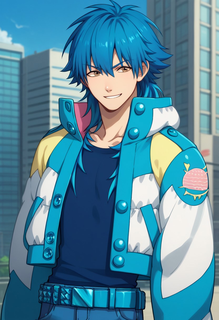 score_9, score_8_up, score_7_up, source_anime, highly detailed, 
aoba, 1boy, male focus, solo, brown eyes, blue hair, long hair, jacket, open jacket, open clothes, blue jacket, white jacket, multicolored jacket, shirt, blue shirt, belt, denim, upper body, smile, 
outdoor, sky, buildings,