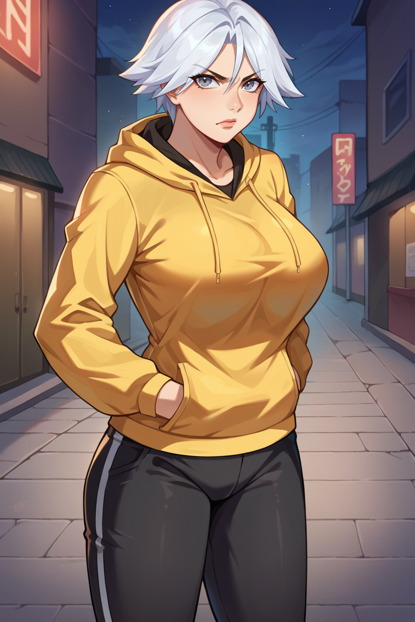 score_9, score_8_up, score_7_up, score_6_up, source_anime, BREAK 1girl, solo <lora:doachristie-pdxl-nvwls-v1-000006:1> doachristie, white hair, grey eyes, yellow hoodie, black track pants, hands in pockets, looking at viewer, serious, large breasts, alleyway, night
