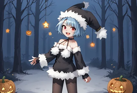1girl_Witch, blue hair,red eyes,solo,fur-trimmed sleeves, hat, pantyhose, fur-trimmed black dress, fur-trimmed black clothes, fur-trimmed black headwear, fur-trimmed boots , black footwear, bare shoulders, pom pom \(clothes\), choker, detached sleeves,standing,smile,open mouth,Night forest, 🎃🎃,(((Halloween))), 🎃🎃, night festival,,🔥,