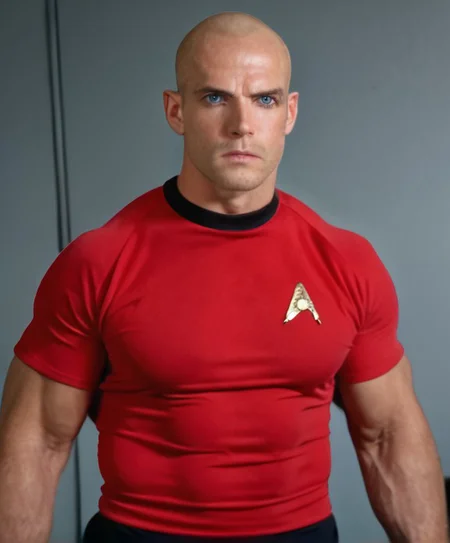 1boy, 20 year old male, Handsome, masculine, blonde, star trek, red shirt, muscle, tall, tight shirt, wide pectorals, big shoulders, wide shoulders, muscular neck, German, bald, big pale blue eyes, abs, biceps, scowling facial expression, phaser, hand,
stunf, star trek uniform,