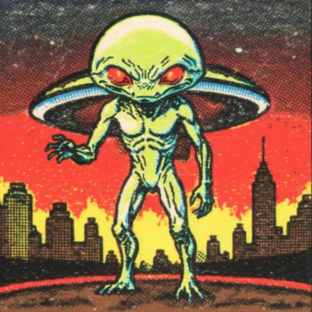 ASCIIVeryBadPrint , full body shot, Realistic , alien, martien, city skyline, space saucer,, night lights, heat, sweat, dirty, mud