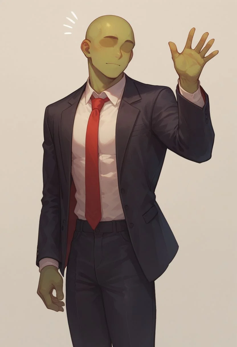 score_9, score_8_up, score_8,
1boy, solo, green skin, no eyes, no eyebrows, bald, black business suit, white under shirt, red tie, black suit pants, average body, cowboy shot, waving, white background