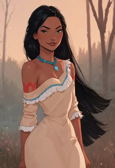 <lora:pocahontas:0.8>pocahontas, jewelry, dark-skinned femboy, solo, tan skin, black hair, long hair, smug, looking at viewer, off shoulder,score_9, score_8_up, score_7_up, score_6_up, Cuteness overload, cute femboy, cutest femboy in the world, 1femboy,ultra detailed,  beautiful fit femboy, horny, blushing, small perky breasts, flat chest, short legs, flat chest, small body, volumetric light, photo-realistic, cowboy shot halfbody portrait, sexy body, ((dynamic pose)) ,  femboy, (wide hips, thick thighs, fat ass, flat chest, sexy big ass), smug, outdoors, native american, powhatan, dress, outdoors, woods, arm tattoo