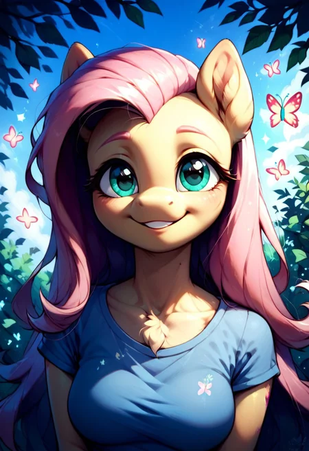 core_9, score_8_up, score_7_up, score_5_up, source_anime, Fluttershy, anthro pony, soft and vibrant lighting, eating pizza with melting cheese, cute and expressive face, sparkling big teal eyes, gentle smile, pink flowing mane, surrounded by glowing butterflies, whimsical atmosphere, detailed soft fur, warm and sunny outdoor setting, blurred leafy background, colorful and cheerful, hand-drawn style, high-quality illustration