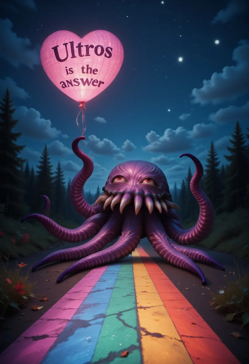 aidmaLOVEboost, they glow at night, a high quality digital image of an 8-tentacled purple octopus on a road made of a vivid intricate rainbow, holding an intricate heart shaped helium balloon with the text: "Ultros is the answer" written on it in stylized text