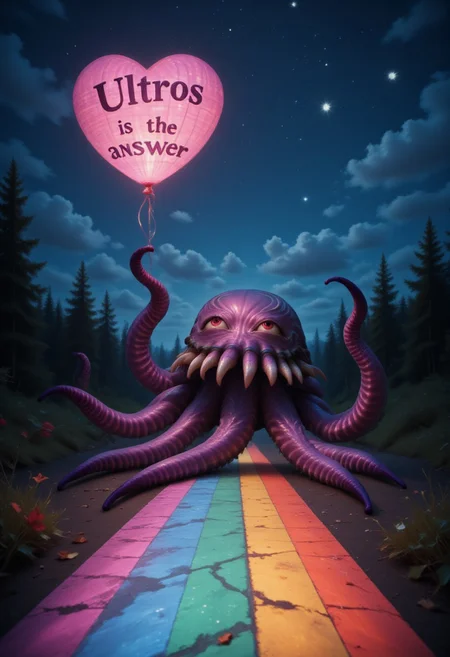 aidmaLOVEboost, they glow at night, a high quality digital image of an 8-tentacled purple octopus on a road made of a vivid intricate rainbow, holding an intricate heart shaped helium balloon with the text: "Ultros is the answer" written on it in stylized text
