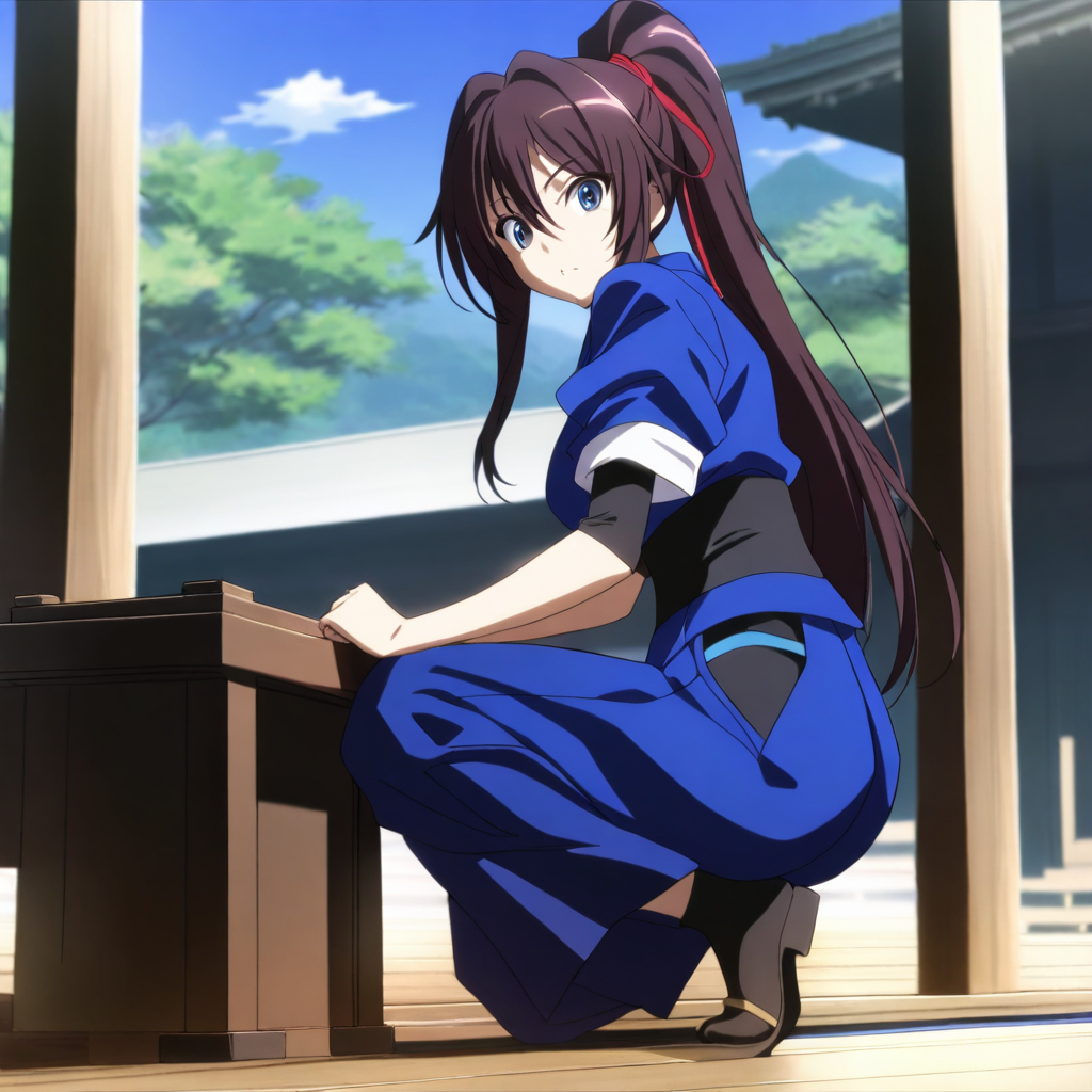 solo,anime coloring,looking at viewer,full body,masterpiece,high score,great score,absurdres,japanese clothes,hakama skirt,<lora:ShibataKatsuie ag4o:1> shibatakatsuie, brown hair, ponytail, blue eyes,
