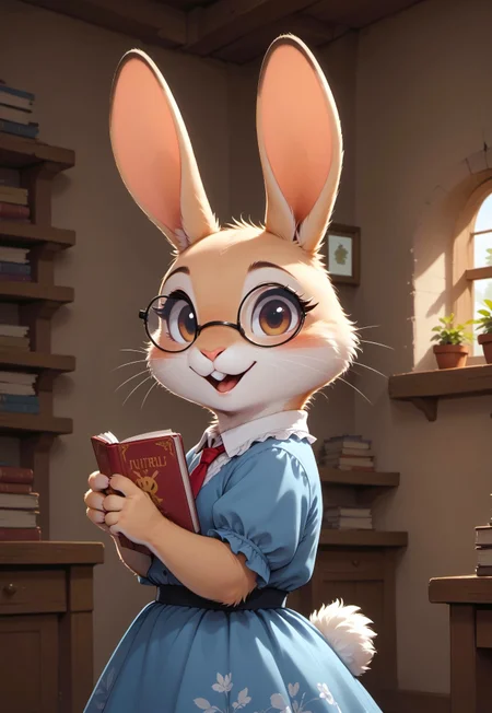 score_9, score_8_up, score_7_up, score_6_up, score_5_up, score_4_up, 
[][][][][] 
m0use_goldie, beige fur, brown eyes, (((rabbit))), (long rabbit ears:2)
[][][][][] 
(solo), frilly shirt, short skirt, glasses, (feral, cute:1.2), (upper body shot), indoors, library, bookshelves, books, clutter, side view, holding book, arm up, (look at viewer), (open mouth),