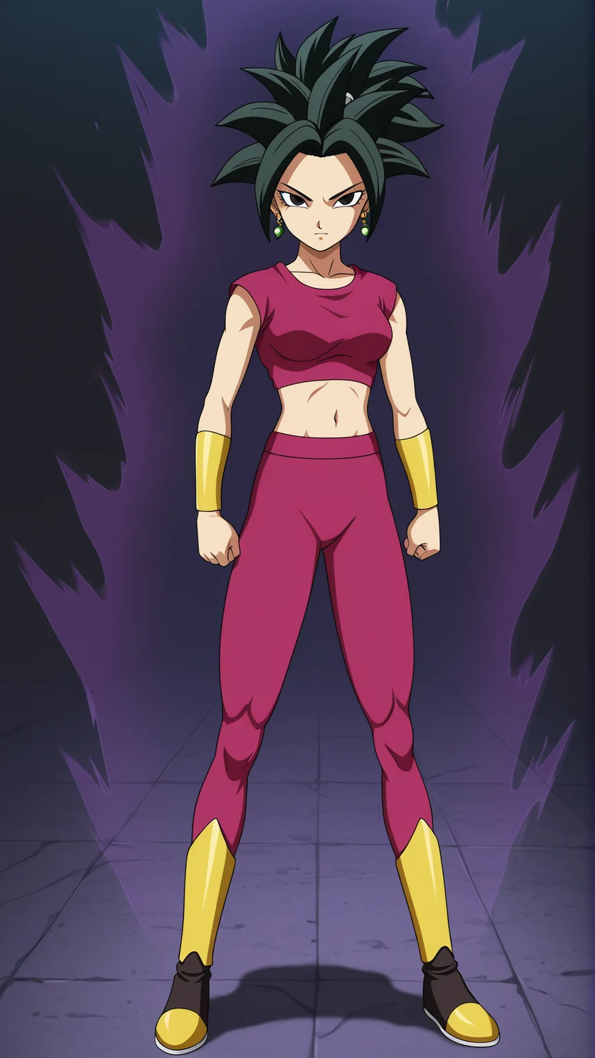 anime coloring, highres, anime screenshot, dramatic lighting, intricate details, masterpiece, best quality, absurdres, depth, ((official style)), Kefla_XL, 1girl, solo, breasts, looking at viewer, shirt, navel, closed mouth, jewelry, medium breasts, standing, full body, ponytail, earrings, boots, pants, midriff, crop top, clenched hands, serious, bracer, cropped shirt, aura, purple pant, potara earrings <lora:Kefla_XL-15:0.9>