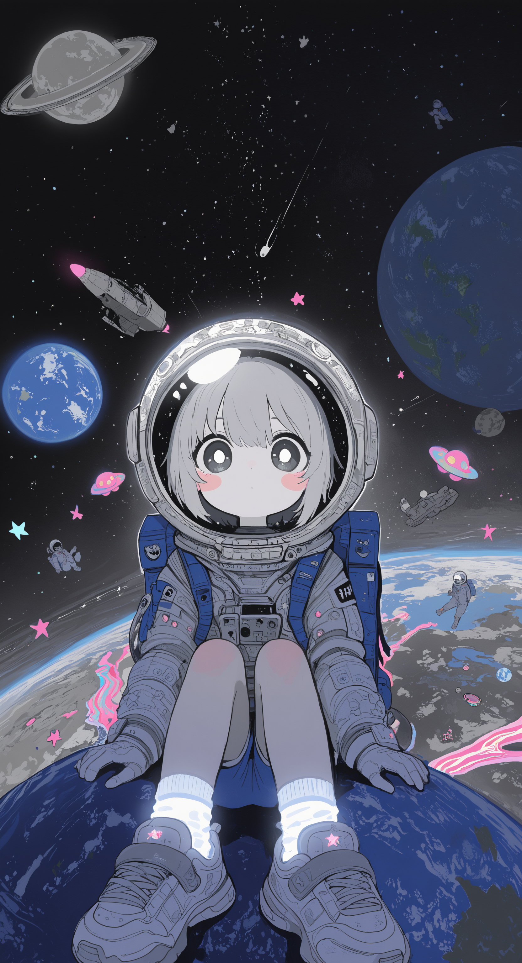 masterpiece, best quality, good quality, very awa, newest, highres, absurdres, 1girl, solo, looking at viewer, blush, short hair, long sleeves, sitting, full body, grey hair, shorts, shoes, socks, star \(symbol\), bag, black eyes, grey eyes, white socks, blush stickers, moon, backpack, helmet, bright pupils, sneakers, star \(sky\), knees up, white pupils, blue shorts, space, planet, earth \(planet\), spacecraft, spacesuit, ufo, space helmet, blue bag, astronaut, limited palette, glowing, psychedelic, <lora:illustriousXL_stabilizer_v1.23:0.3> <lora:NOOB_vp1_detailer_by_volnovik_v1:0.3> <lora:ponyv6_noobE11_2_adamW-000017:0.3> <lora:114558v4df2fsdf5:0.6> <lora:XXX667:0.4> <lora:mon_monmon2133:0.5>