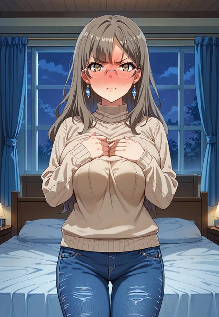 safe_pos, score_9, score_8_up, score_7_up, source_anime, masterpiece, best quality, high quality, highres, cinematic lighting, (solo, front view, closed up face, cowboy shot, bedroom, bed, window, different angles), (Futaba_Rio, brown_eyes, grey_hair, long_hair, large_breasts, rimless_eyewear, simple sweater, brown sweater, blue pants, denim pants, rectangle earrings:1.5, covering chest with arms, detail hands, looking at viewer, angry, disgusted, standing, perfect anatomy, anatomically correct hands, 5 finger hands), (night, Expressiveh, full-face blush, vnbg, modern_bg)