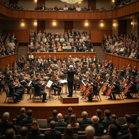 A miniature diorama of an orchestra concert. The hall is filled with well-dressed spectators. A conductor, somewhat resembling Herbert von Karajan, stands on the podium and plays great music with a 50-piece orchestra lined up on stage. It's the ultimate artistic moment, and everyone is immersed in the sonic pleasure. The isometric perspective creates a sense of depth and miniature scale. enchanting night, focus on conductor(1.5),close up conductor(1.6),conductor up,<lora:Flux.1_Turbo_Detailer:0.7> , <lora:Diorama_Flux:1>