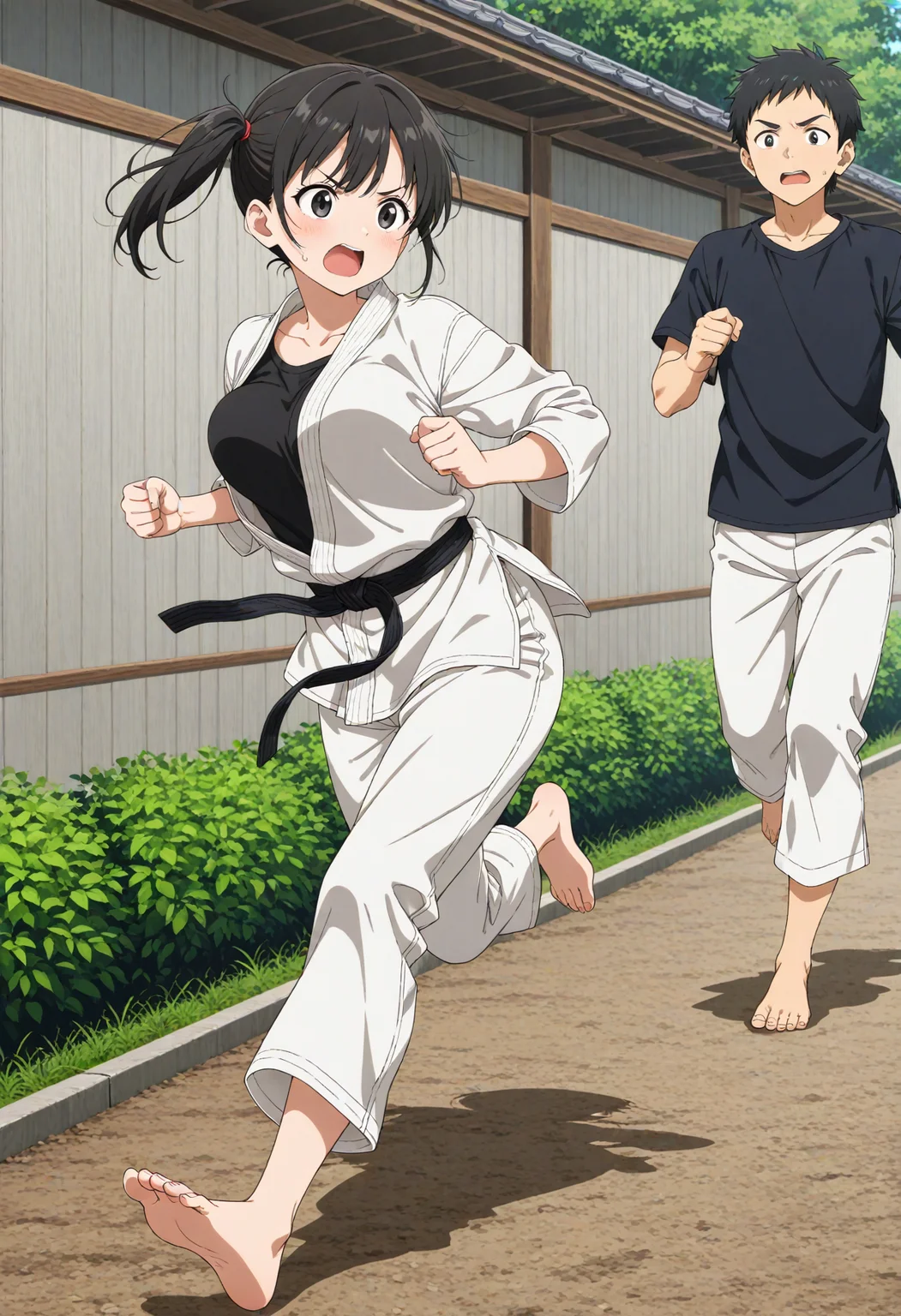 1girl, black hair, side ponytail, black eyes, black t-shirt, karate gi, medium breasts, barefoot,
v-shaped eyebrows, open mouth, sweatdrop,
outdoors, running on schoolyard, bouncing breasts, full body,
1boy, running, (surprising male:1.1),
general, masterpiece, best quality, very aesthetic, absurdres, anime coloring,, <lora:dmd2_sdxl_4step:1>