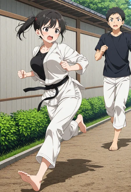 1girl, black hair, side ponytail, black eyes, black t-shirt, karate gi, medium breasts, barefoot,
v-shaped eyebrows, open mouth, sweatdrop,
outdoors, running on schoolyard, bouncing breasts, full body,
1boy, running, (surprising male:1.1),
general, masterpiece, best quality, very aesthetic, absurdres, anime coloring,, <lora:dmd2_sdxl_4step:1>