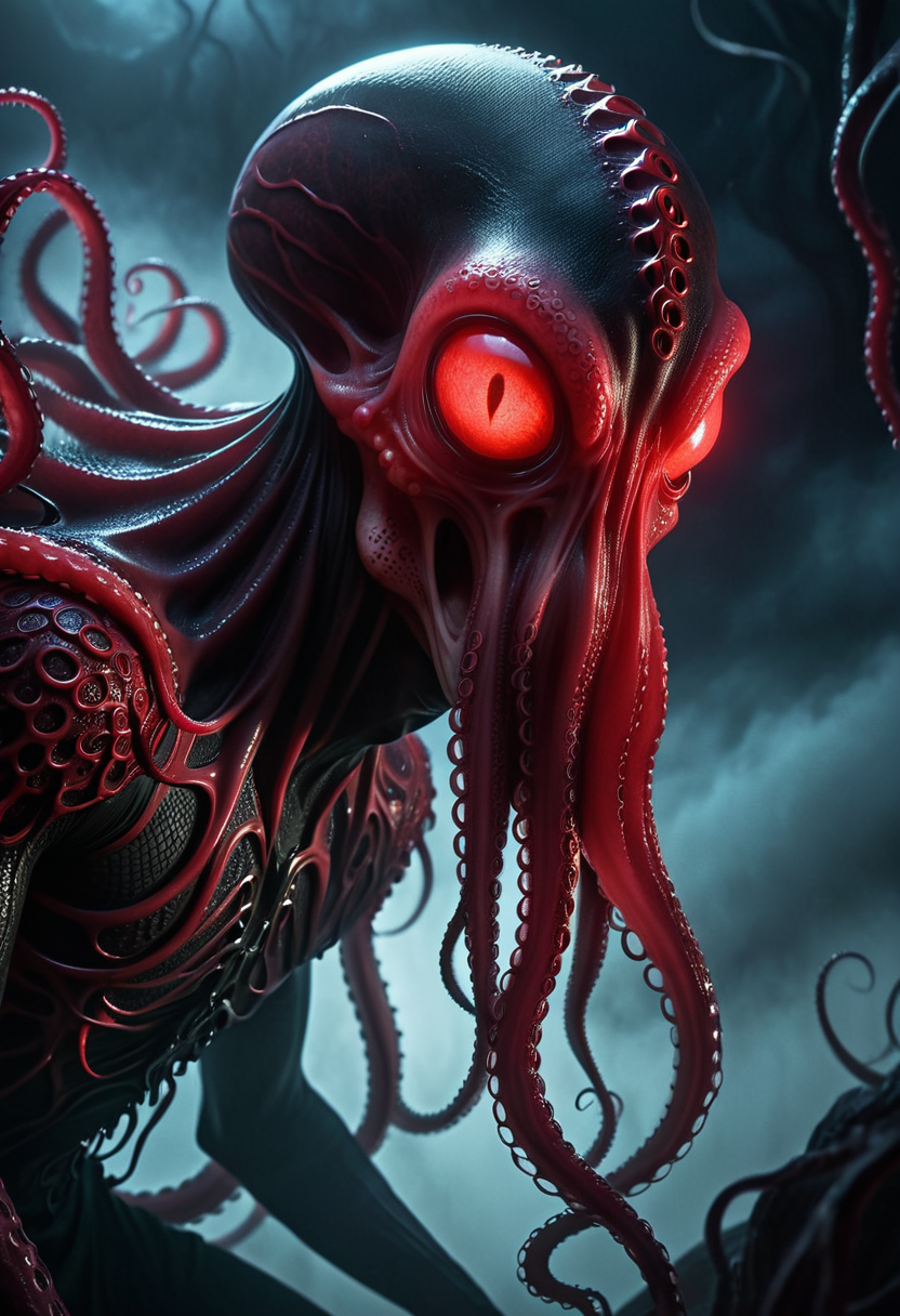 nightmarish and surreal, close-up shot emphasizing tentacled face, sinister red glow from spellcasting, crouched in shadows, observing prey, misty, otherworldly void, tentacled face, dark, leathery skin, elongated cranium, slender, alien physique, four long tentacles extending from mouth fantasy_random_lora, realistic, uhd, 8k, masterpiece, intricately detailed, cinematic, best quality, absurd resolution, fantasy art, fantasy race concept, artfully_mindflayer,  <lora:artfully_MINDFLAYER_SDXL:0.8>