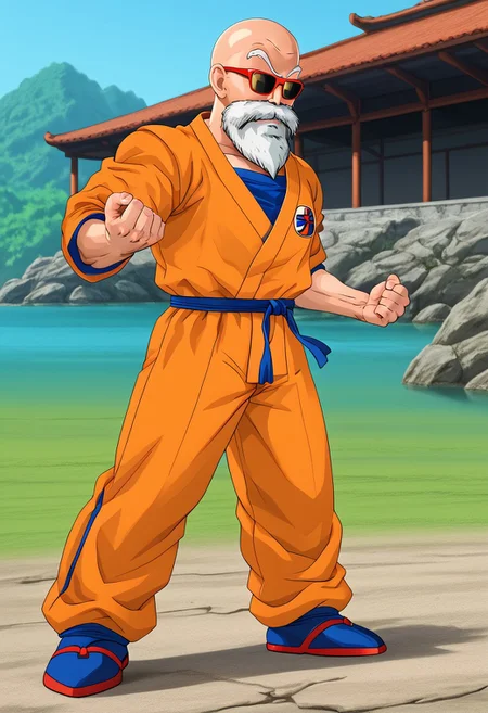 Masterpiece, best quality, high quality, highres, 4k, detailed face, 1boy, roshixl, white beard, bald, sunglasses, Turtle School Gi, Martial Arts Uniform, Orange Outfit, blue undershirt, solo, fgo sprite, full body, standing, from side,