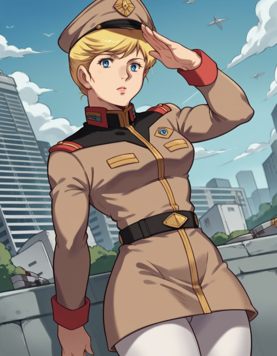 score_9, score_8_up, score_7_up, source_anime,
crowleyhamon, <lora:crowley-hamon-ova-ponyxl-lora-nochekaiser:0.7>,
crowley hamon, blonde hair, blue eyes,
pantyhose, belt, uniform, military, military uniform, white pantyhose, hat, military hat,
outdoors, cityscape, salute,
cowboy shot, solo, dutch angle, looking at viewer,