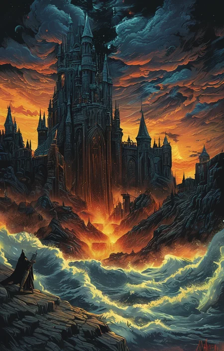 masterpiece,best quality,<lora:tbh160-sdxl:0.9>,illustration,style of Dan Mumford Nazgul over sleeping town