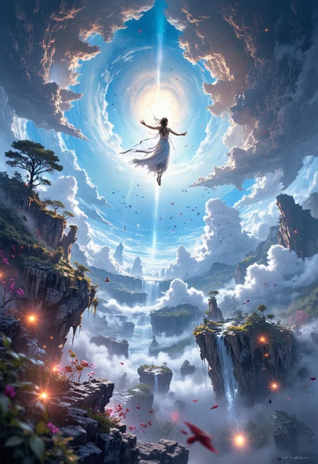 A lone figure falls through a surreal, dreamlike sky filled with vibrant colors and swirling clouds. The person, dressed in a flowing white robe, extends their arms wide as they plunge downward, hair streaming behind them like ribbons. Below, the ground is obscured by a thick, soft mist that glows with pastel hues, hinting at a hidden world below. Floating islands drift lazily nearby, each adorned with fantastical plants and shimmering waterfalls cascading into the air. Above, a flock of colorful birds spirals around, creating a contrast against the vast, starry expanse. The scene captures a sense of both freedom and trepidation, evoking the thrill of falling into the unknown.