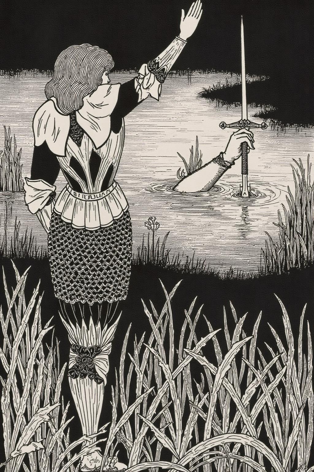 aubreybeardsley1 illustration.
A knight, his back to the viewer, is standing in tall grass near a body of water. He is raising his hand into the air. In the water, a hand is reaching out, thrusting a sword. <lora:aubreybeardsley3_cap_d6a3e12:1.0><lora:844802840292703778:0>