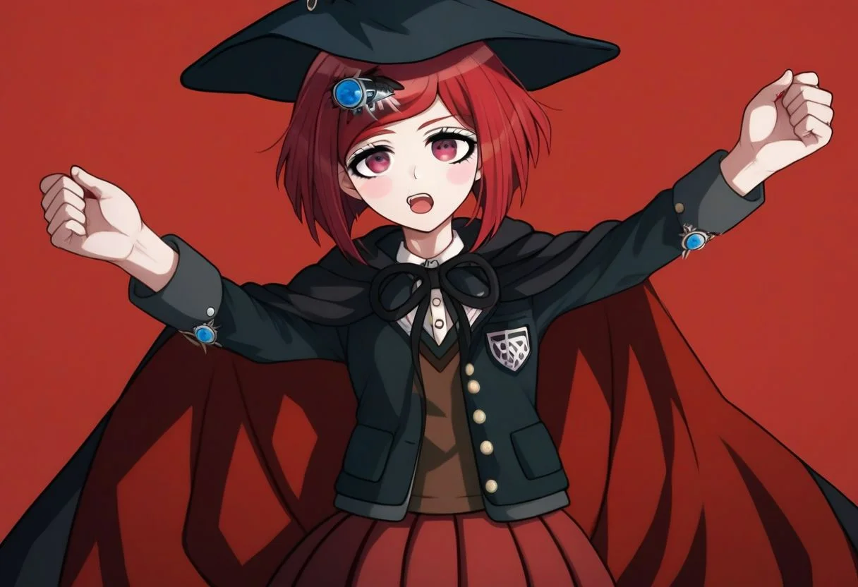 score_9, score_8_up, score_7_up, source_anime, solo, 1girl, Himiko Yumeno, red hair, hair ornament, short hair, brown eyes, blush stickers, witch hat, jacket, vest, shirt, pleated skirt, pantyhose, cape, tilting head, lazy, open mouth, half body, standing, holding out arms, sides, looking at viewer, standing, red background